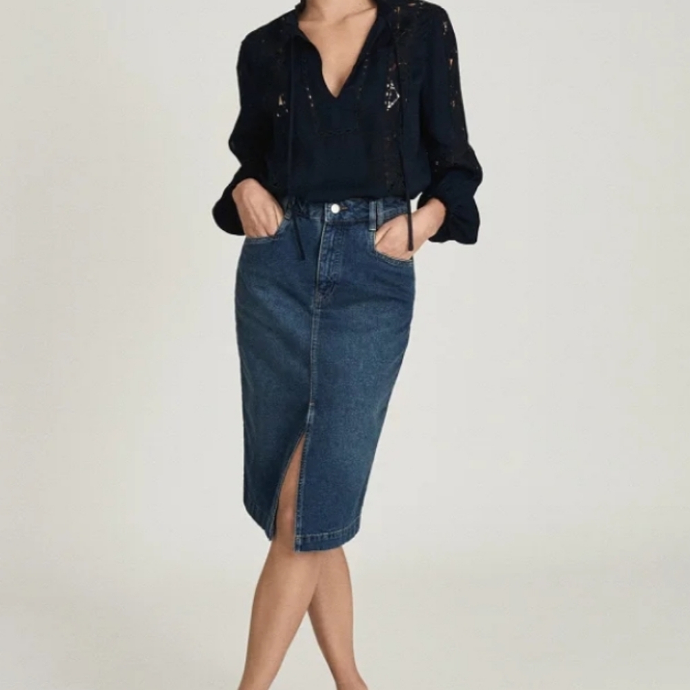 REISS DENIM MIDI SKIRT SZ UK 4 US XS
